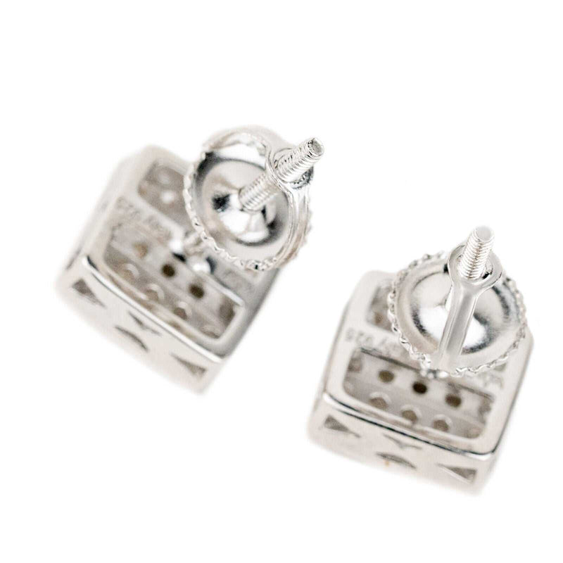 Mens real solid 925 sterling silver iced CZ square screw back earrings.