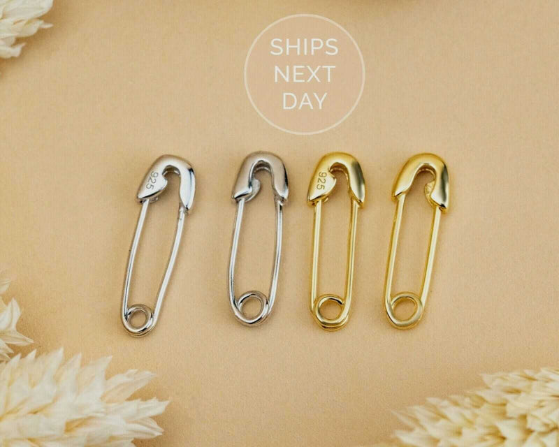 Pin 925 sterling silver earrings, 14K gold plated, modern geometric design with safety pin style.