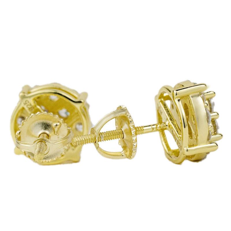 Men’s round 925 sterling silver 14K gold plated CZ hip hop earring with screw back closure, unisex design.
