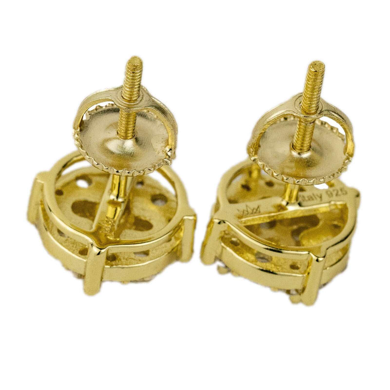 Men's 925 Sterling Silver Gold Plated CZ Hip Hop Earrings, 9mm, Screw Back Closure