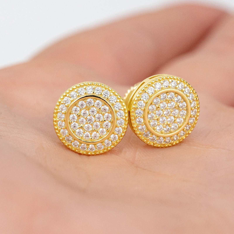 Real solid 925 silver iced CZ hip hop men's earrings with 14k gold plating.