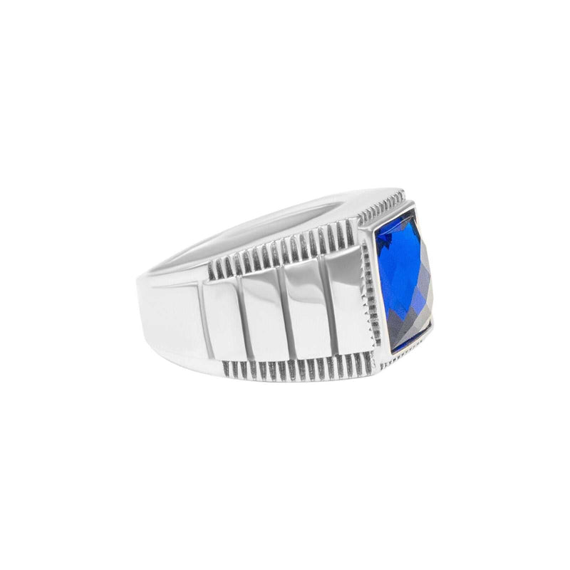 Mens plain real 925 sterling silver hip hop ring with blue cubic zirconia crystal.