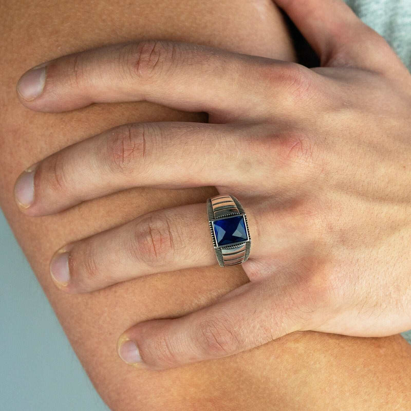 Mens plain 925 sterling silver ring with blue cubic zirconia crystal, hip hop style.