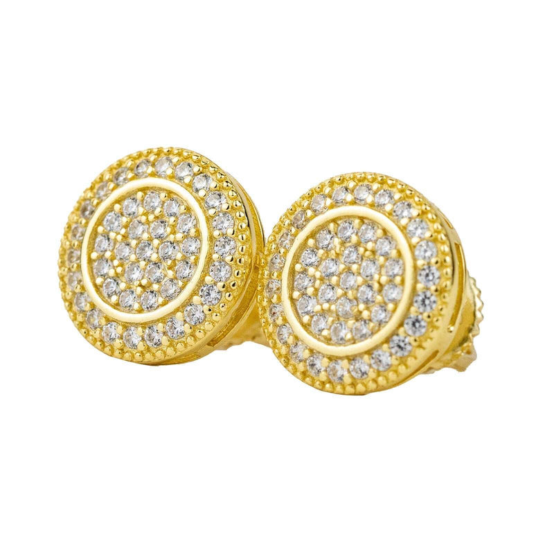 Real Solid 925 Silver Iced CZ Hip Hop Men's Earrings, 14k Gold Plated Big Studs.