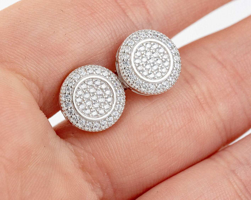 Round silver earrings with simulated diamond micro pave, 925 sterling silver, 14K white gold plated.