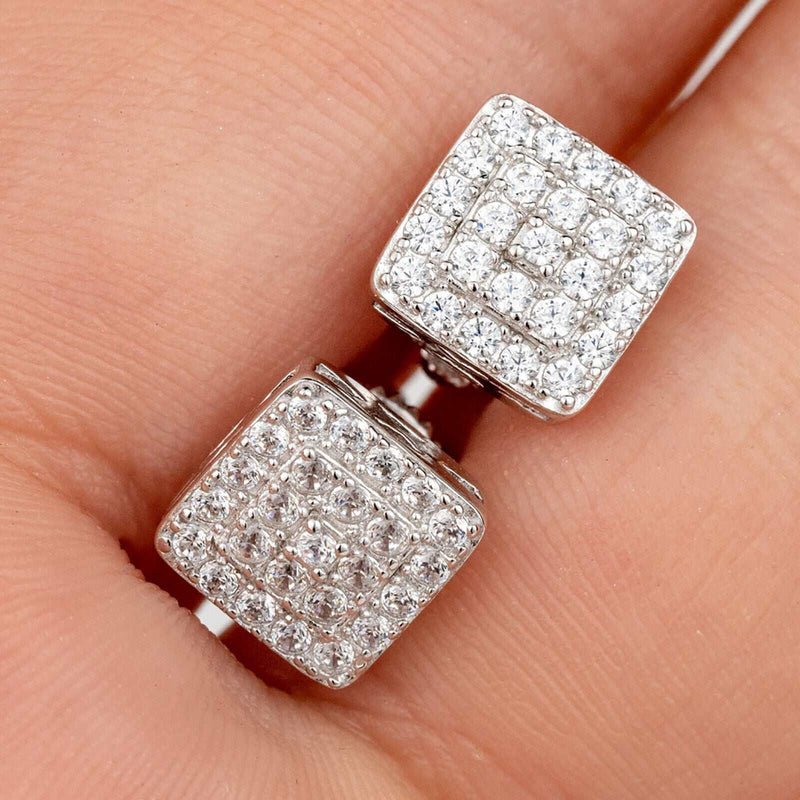 Mens solid 925 sterling silver square earrings with cubic zirconia and screw back closure.