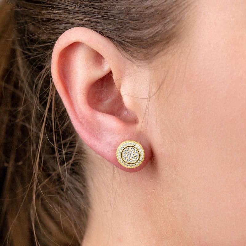 Real Solid 925 Silver Iced CZ Hip Hop Men's Earrings with 14k Gold Plating and Simulated Diamond.
