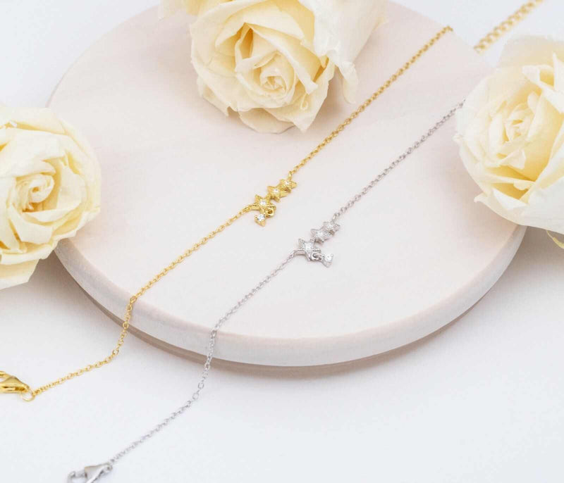 Stars Bracelet in 925 Sterling Silver and 14K Gold Plated with Tiny Charms, Delicate Design.
