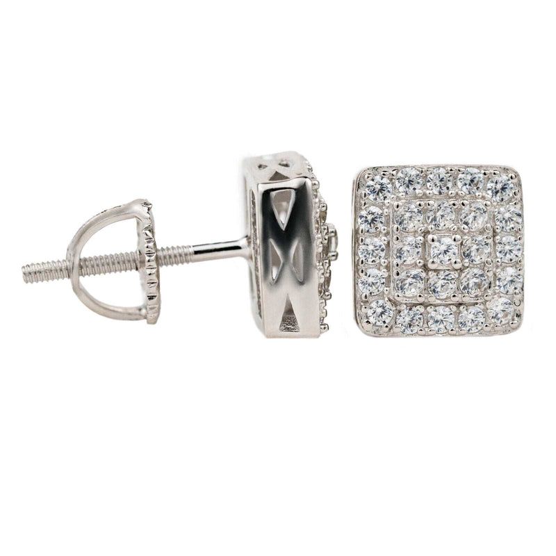 Mens solid 925 sterling silver square CZ earrings with screw back.