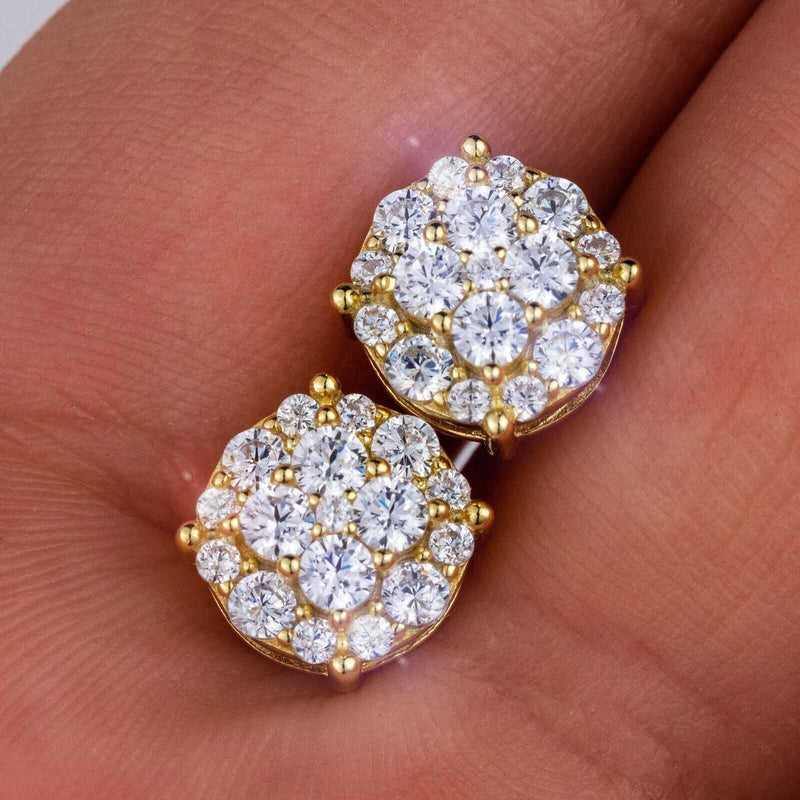 Men's 925 sterling silver 14K gold plated round CZ hip hop earrings.