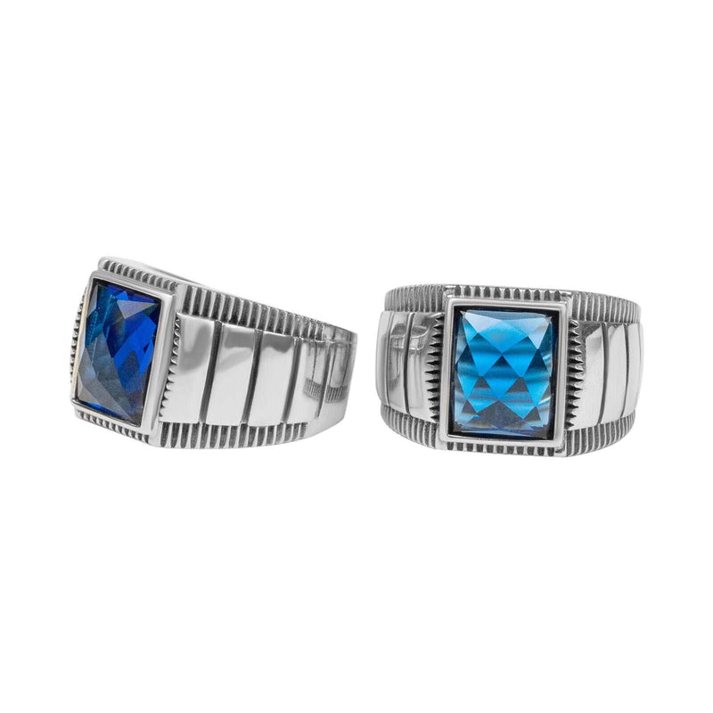 Mens plain 925 sterling silver hip hop ring with blue cubic zirconia crystal.