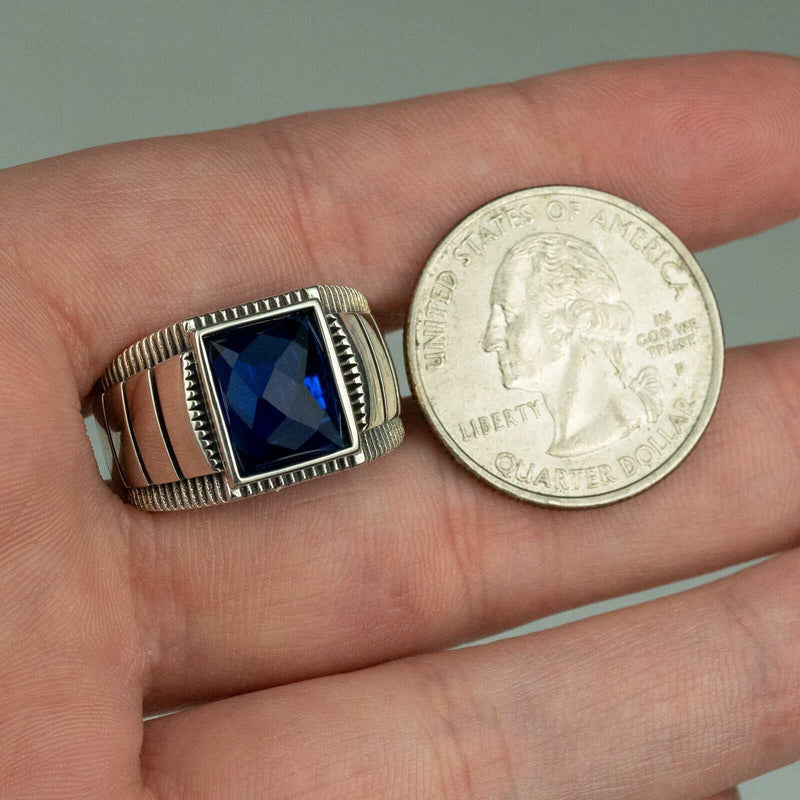 Mens plain real 925 sterling silver ring with blue cubic zirconia crystal.