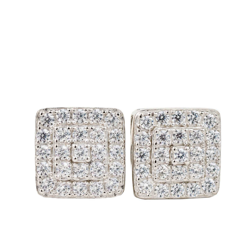 Mens solid 925 sterling silver square earrings with CZ stones and screw back.