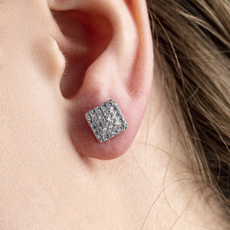 Mens solid 925 sterling silver square earrings with iced CZ and screw back.