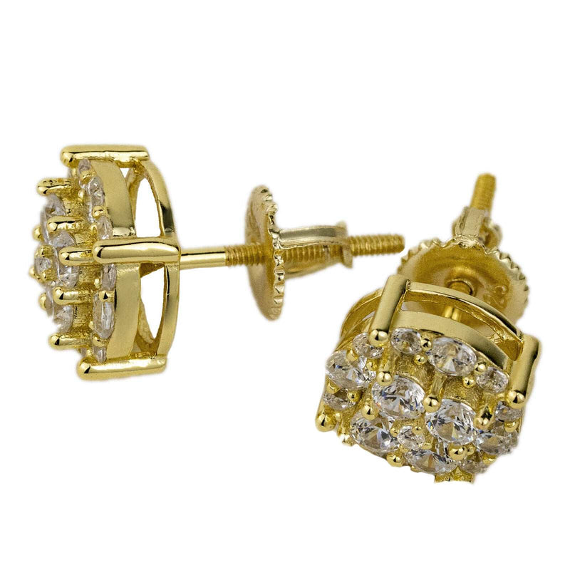 Men’s real solid 925 sterling silver 14K gold plated CZ hip hop earrings.