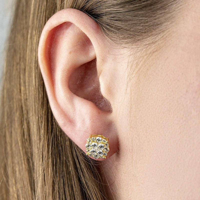 Men’s 925 Sterling Silver 14K Gold Plated CZ Hip Hop Earring on ear.