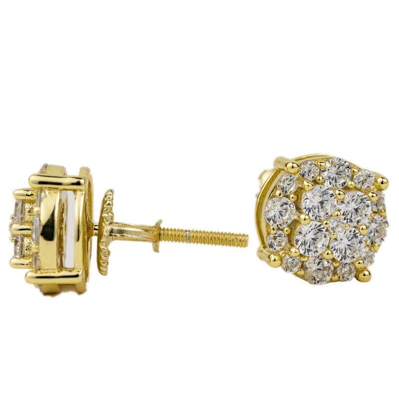 Men’s Real Solid 925 Sterling Silver Round 14K Gold Plated CZ Hip Hop Earring with Screw Back Closure