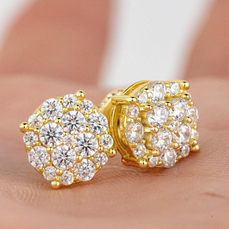 Men’s 925 sterling silver gold plated CZ hip hop earrings.