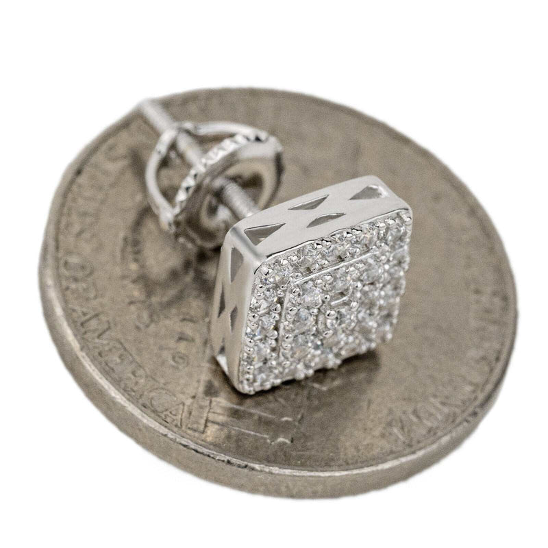 Mens solid 925 sterling silver square earrings with cubic zirconia, screw back design.