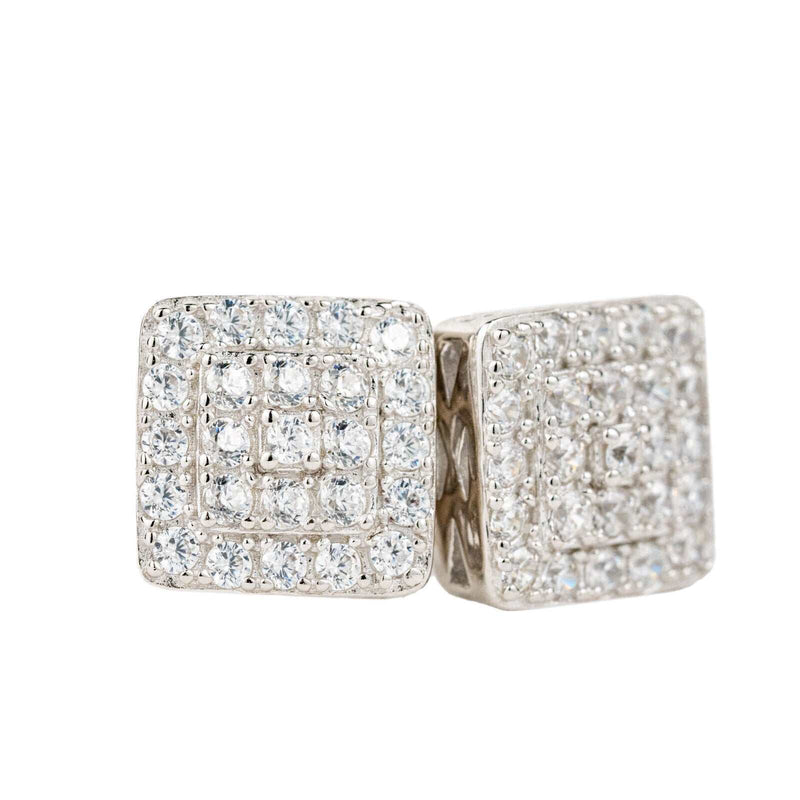 Mens Real Solid 925 Sterling Silver Iced CZ Earrings with Screw Back Square Design.