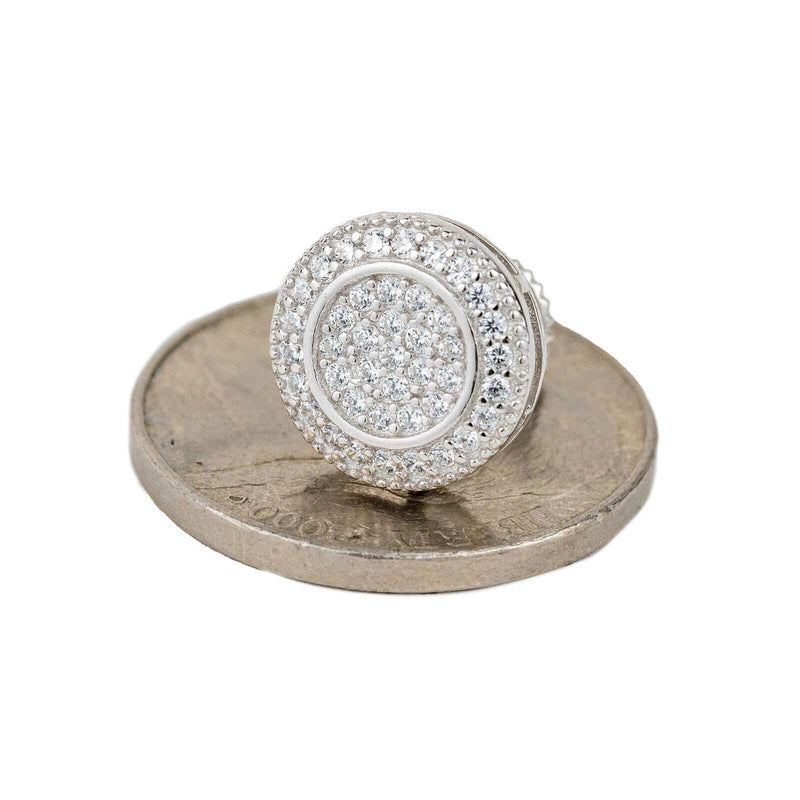 Round silver earrings with simulated diamond micro pave setting on 925 sterling silver, 14K white gold plated.
