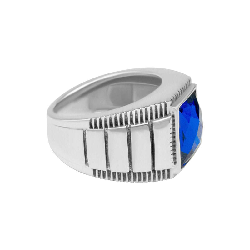 Mens 925 sterling silver ring with blue cubic zirconia, hip hop style.