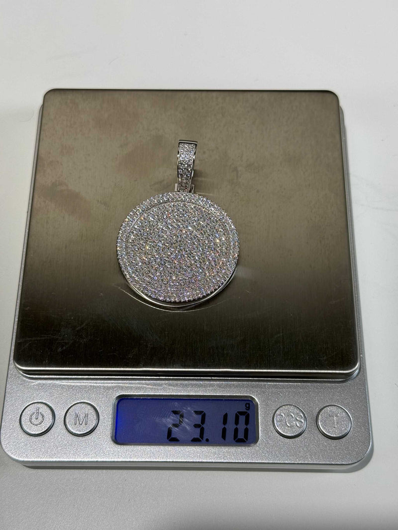Real Solid 925 Sterling Silver CZ Iced Round Hip Hop Dog Tag Medallion Pendant Necklace