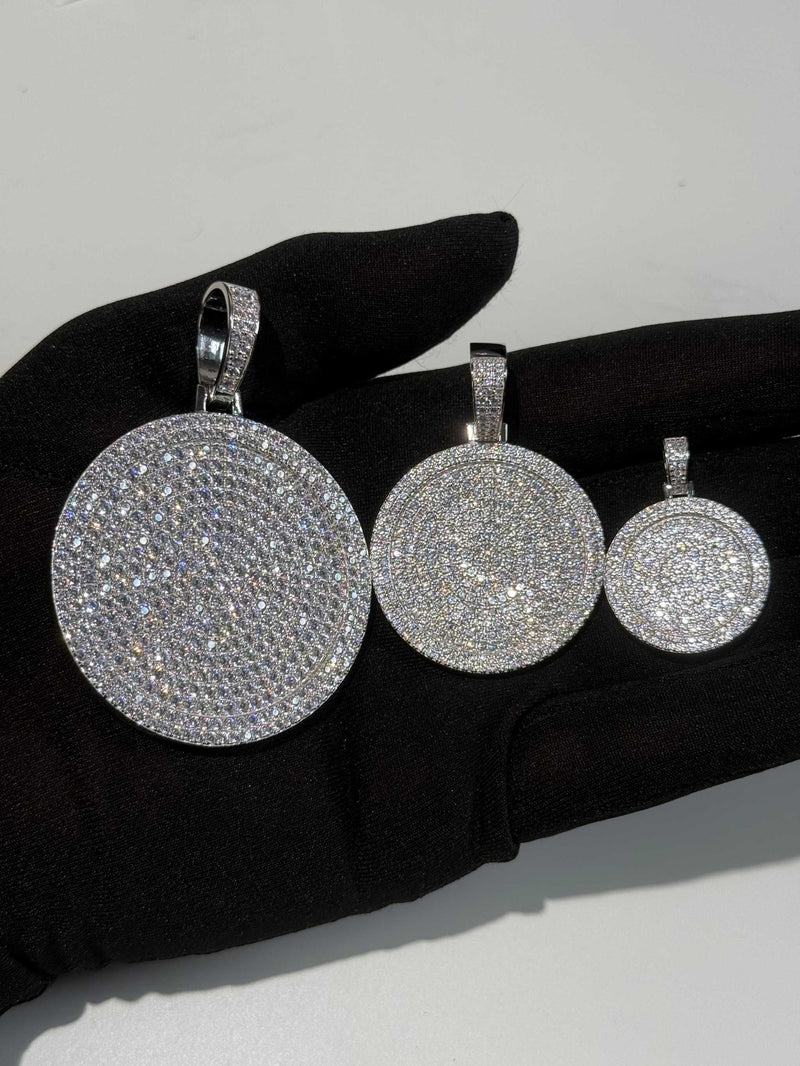 Real Solid 925 Sterling Silver CZ Iced Round Hip Hop Dog Tag Medallion Pendant Necklace