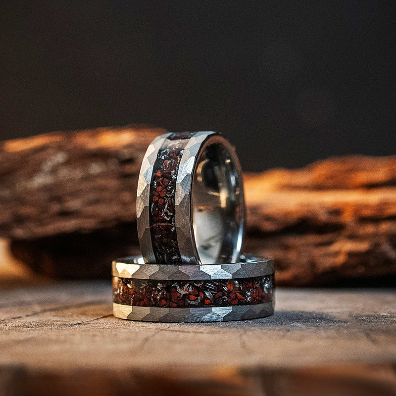 Silver Hammered Tungsten Carbide Ring Dinosaur Bones & Meteorite