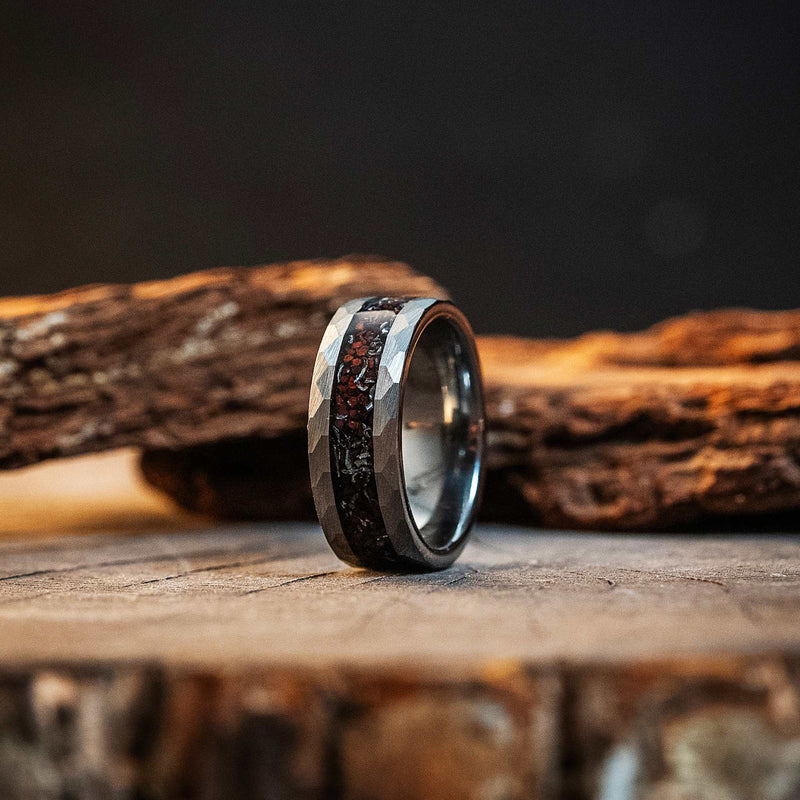 Silver Hammered Tungsten Carbide Ring Dinosaur Bones & Meteorite