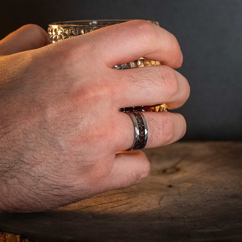 Silver Hammered Tungsten Carbide Ring Dinosaur Bones & Meteorite