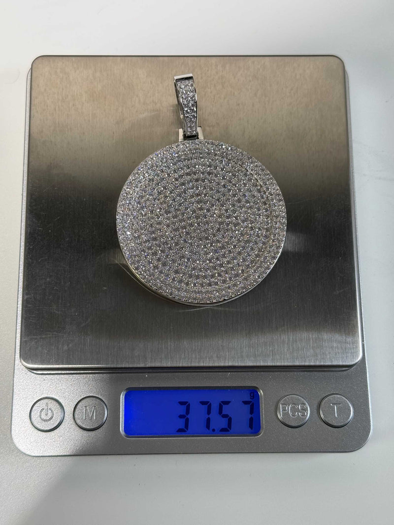 Real Solid 925 Sterling Silver CZ Iced Round Hip Hop Dog Tag Medallion Pendant Necklace
