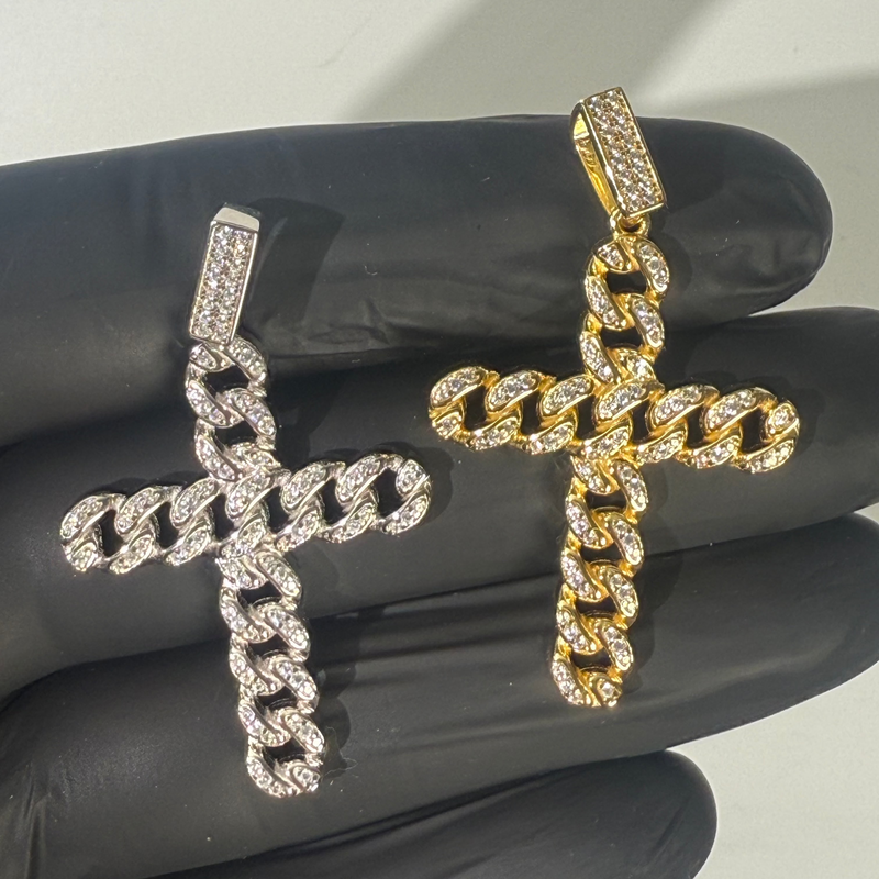 925 Sterling Silver / 14K Gold Plated Cuban Link Cross Pendant Necklace