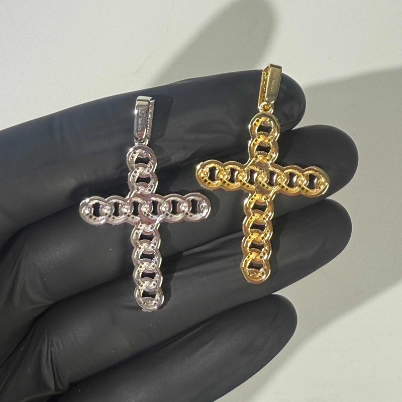 925 Sterling Silver / 14K Gold Plated Cuban Link Cross Pendant Necklace