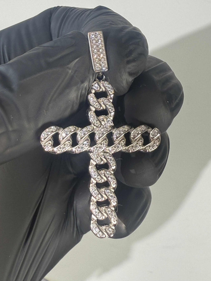 925 Sterling Silver / 14K Gold Plated Cuban Link Cross Pendant Necklace