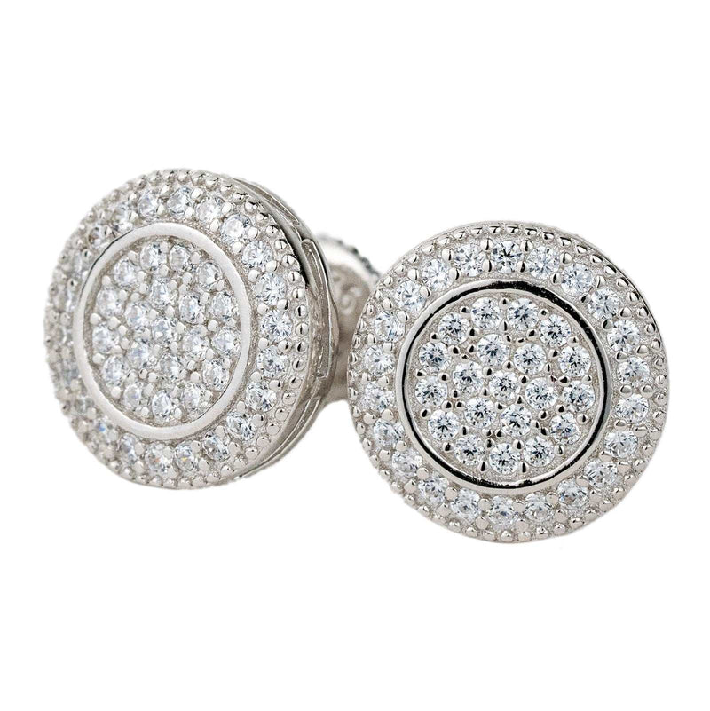 Round stud earrings with 2.5ct clear CZ stones, 14K gold or rhodium plating, pave setting.