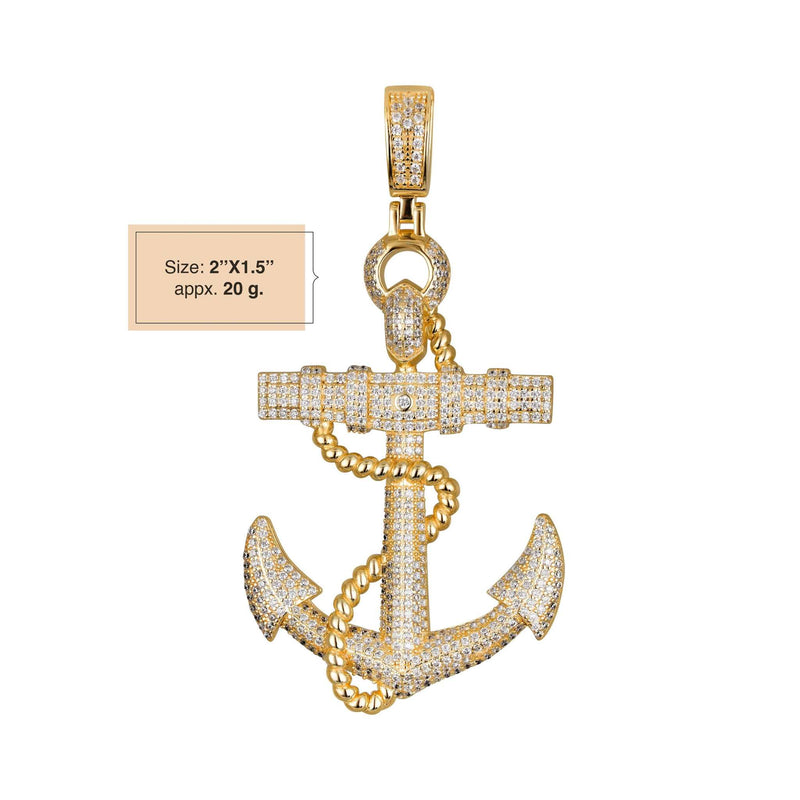 Mens Real Solid 925 Sterling Silver in 14K Gold Finish Anchor Pendant Iced CZ Hip hop Jewelry Piece Necklace Gift for Him, Birthday Gift