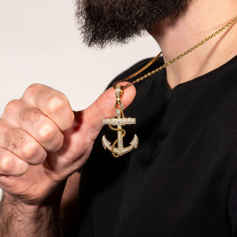 Mens Real Solid 925 Sterling Silver in 14K Gold Finish Anchor Pendant Iced CZ Hip hop Jewelry Piece Necklace Gift for Him, Birthday Gift