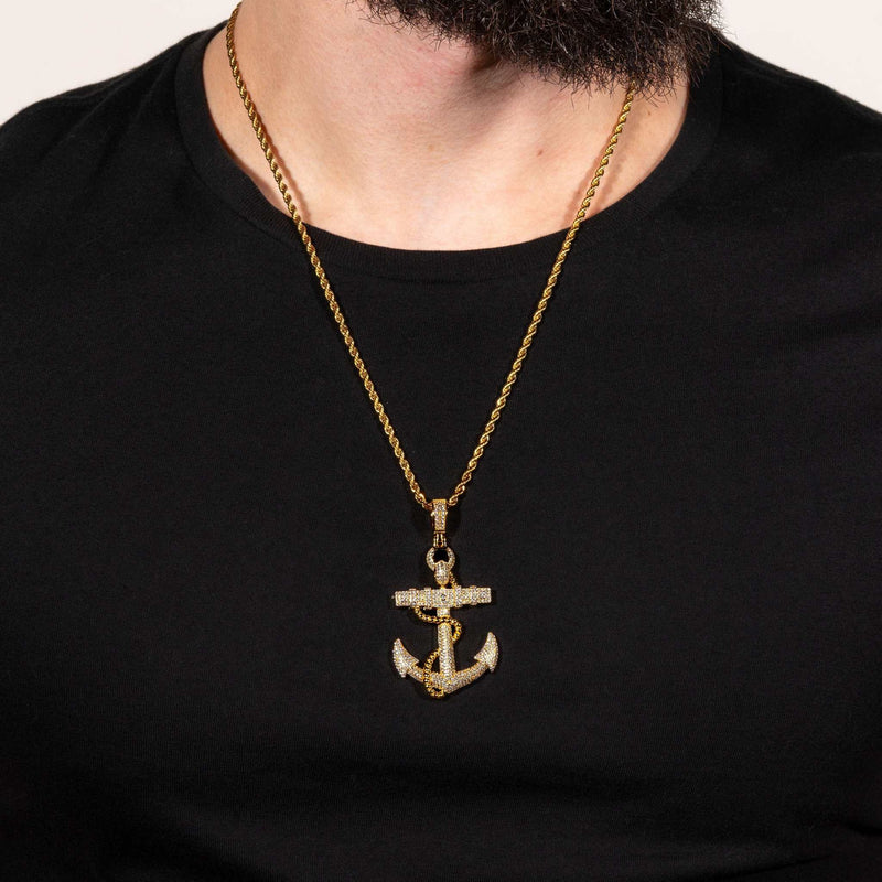 Mens Real Solid 925 Sterling Silver in 14K Gold Finish Anchor Pendant Iced CZ Hip hop Jewelry Piece Necklace Gift for Him, Birthday Gift