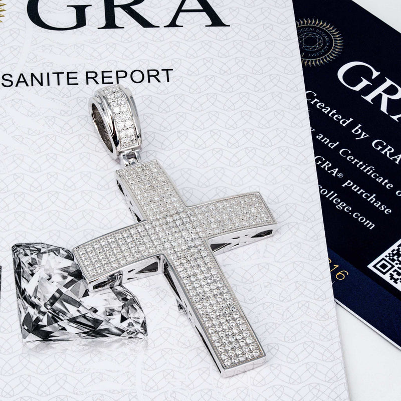 2" Moissanite Cross Pendant in 925 Sterling Silver with D VVS1 Round Stones, Hip Hop Religious Jewelry.
