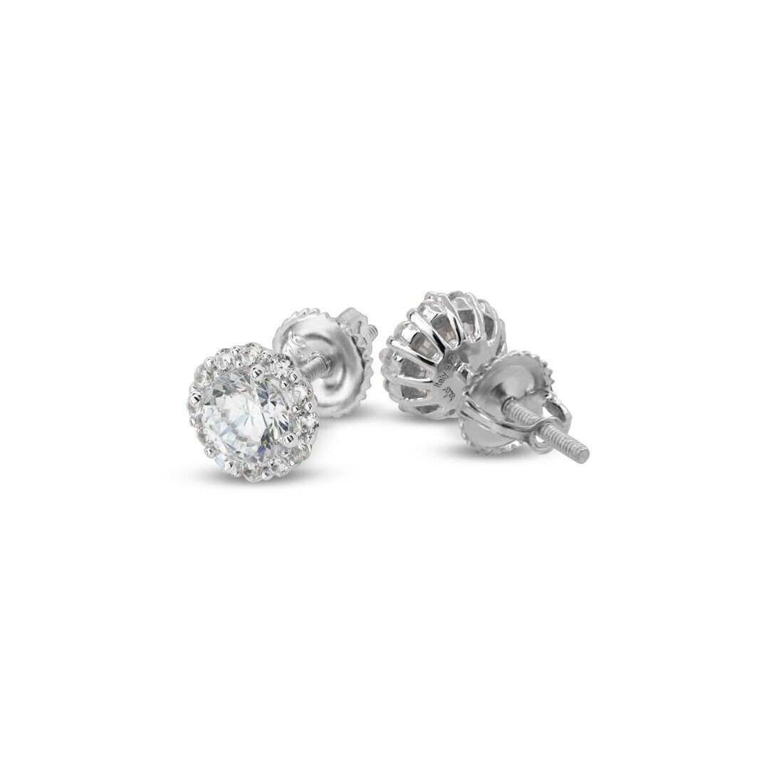 Sterling silver "Crystalys" stud earrings with clear CZ stones, 14K white gold finish.