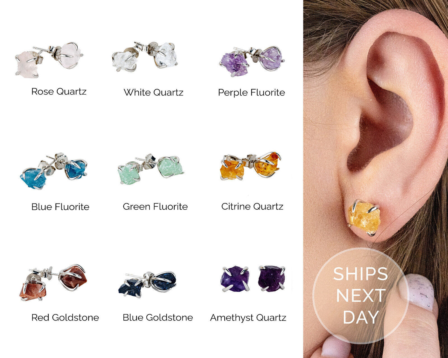 Healing Raw Gemstone Earrings 14K Gold Plated 925 Silver Quartz Stud Earrings