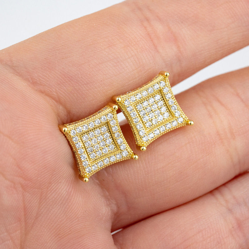 Mens 14k Gold Plated Real 925 Sterling Silver Iced CZ Square Kite Earrings