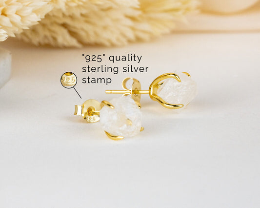 Healing Raw Gemstone Earrings 14K Gold Plated 925 Silver Quartz Stud Earrings