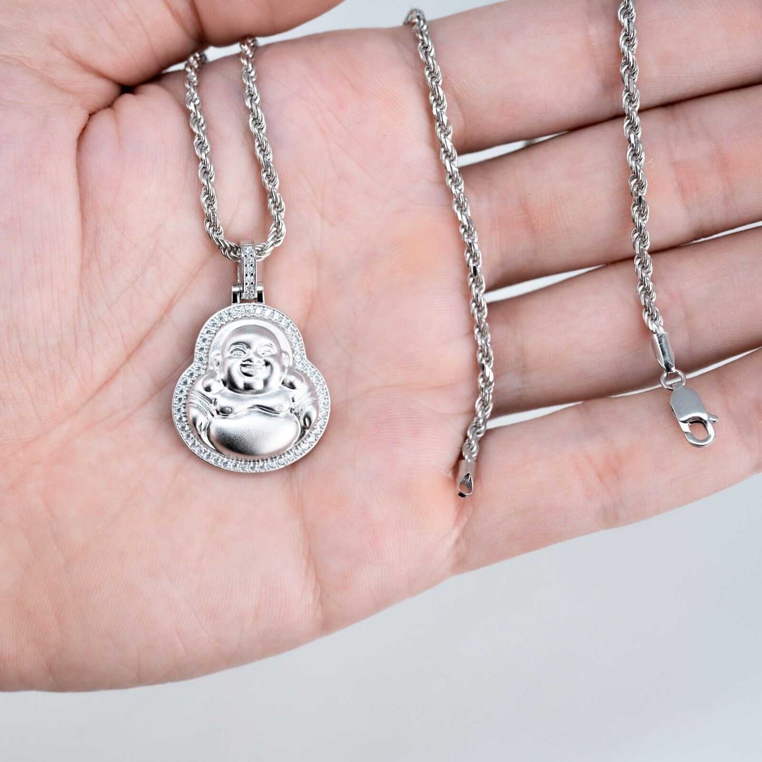 Real 925 Sterling Silver Buddha Pendant with CZ Stones and Rope Chain Necklace.