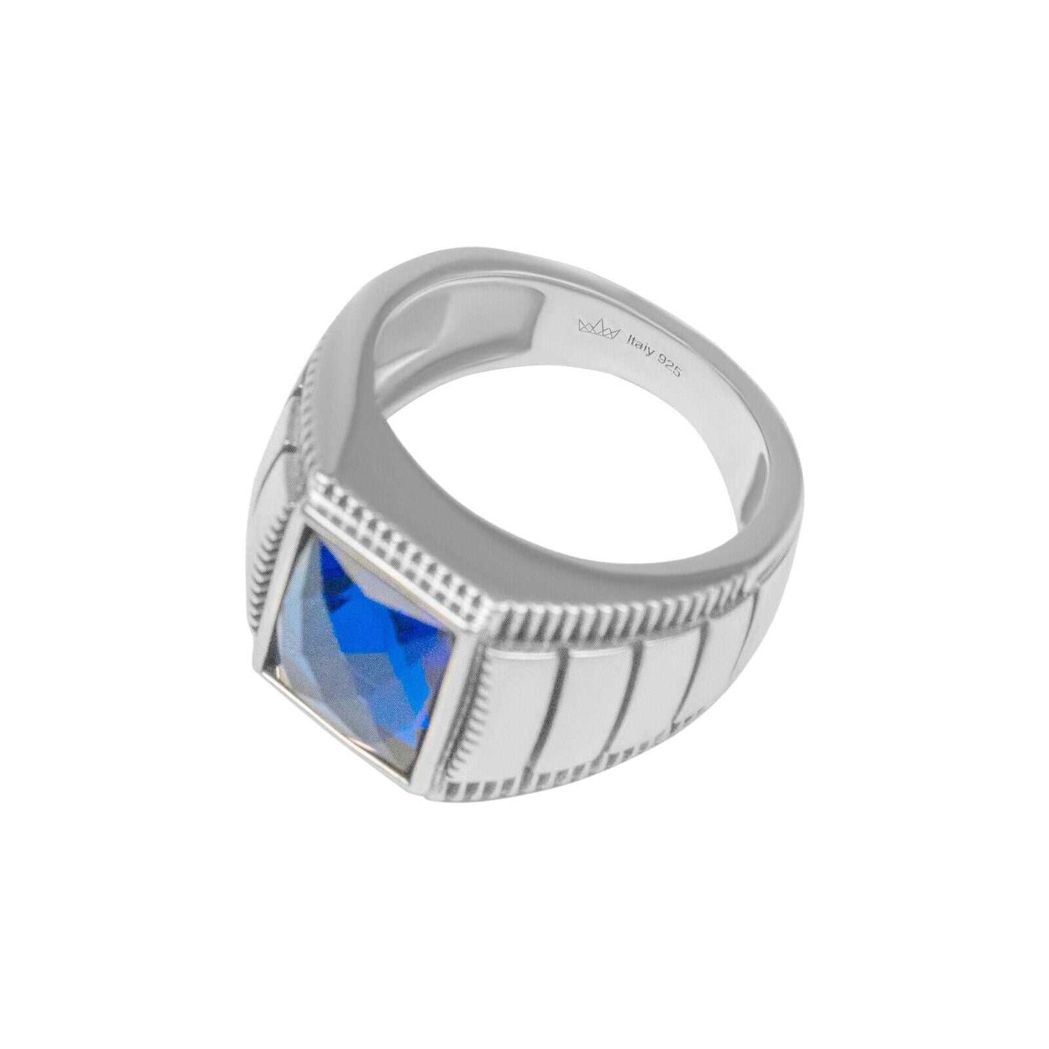 Mens 925 sterling silver ring with blue cubic zirconia crystal.