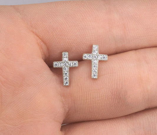 Mens Real Solid 925 Sterling Silver Ladies Cross Earrings Studs Iced CZ Hip Hop