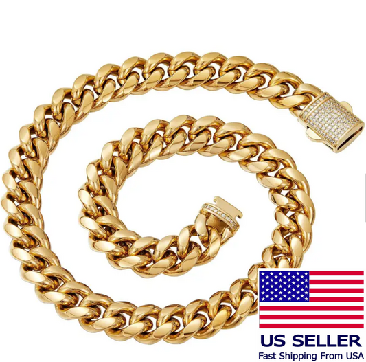 14k Gold Plated Stainless Steel Miami Cuban Link Bracelet Chain With CZ Clasp