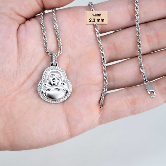 Real 925 Sterling Silver Buddha Pendant w/ Rope Chain Mens Ladies CZ Necklace