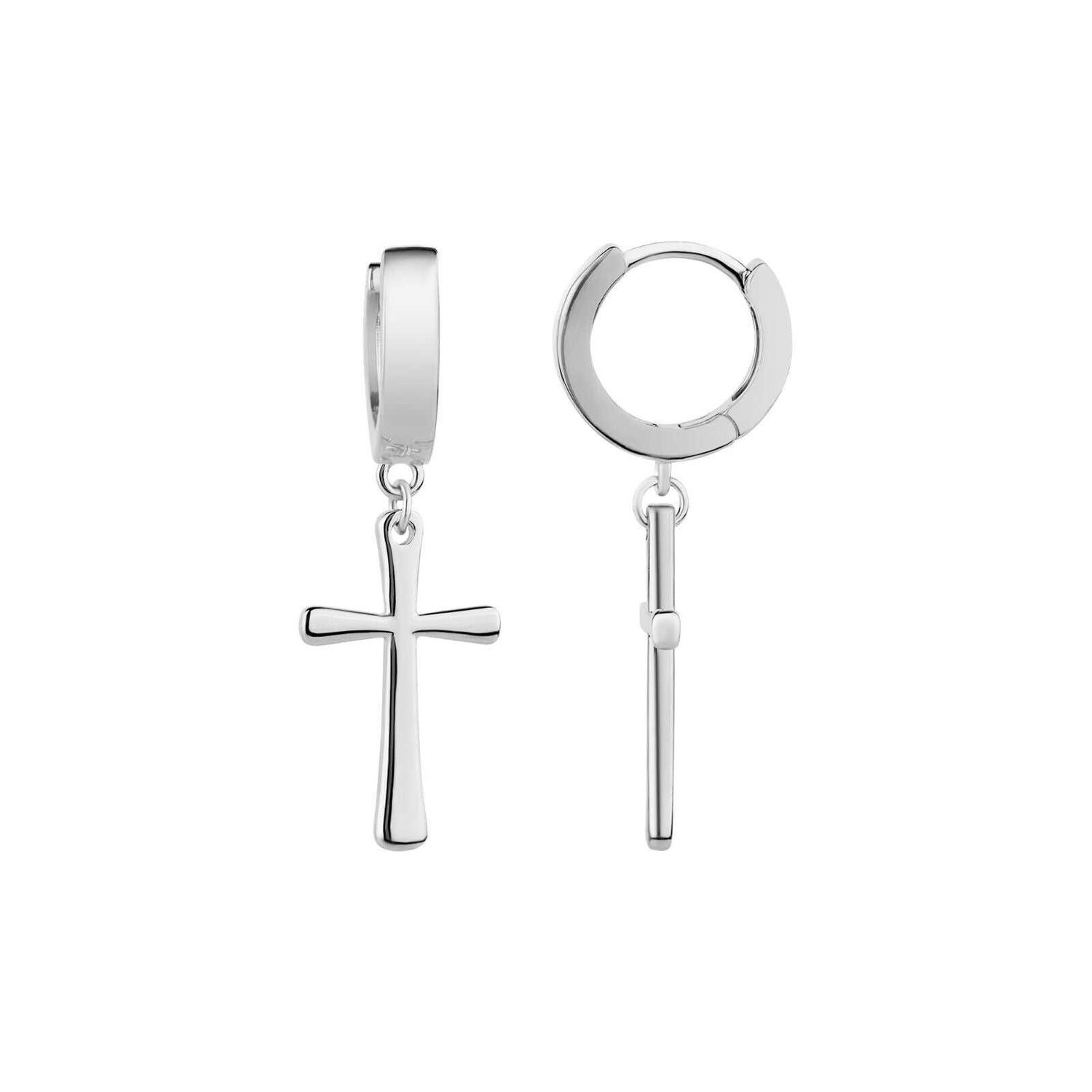 Sterling silver cross earrings with rhodium plating, classic hoop design with cross dangle.